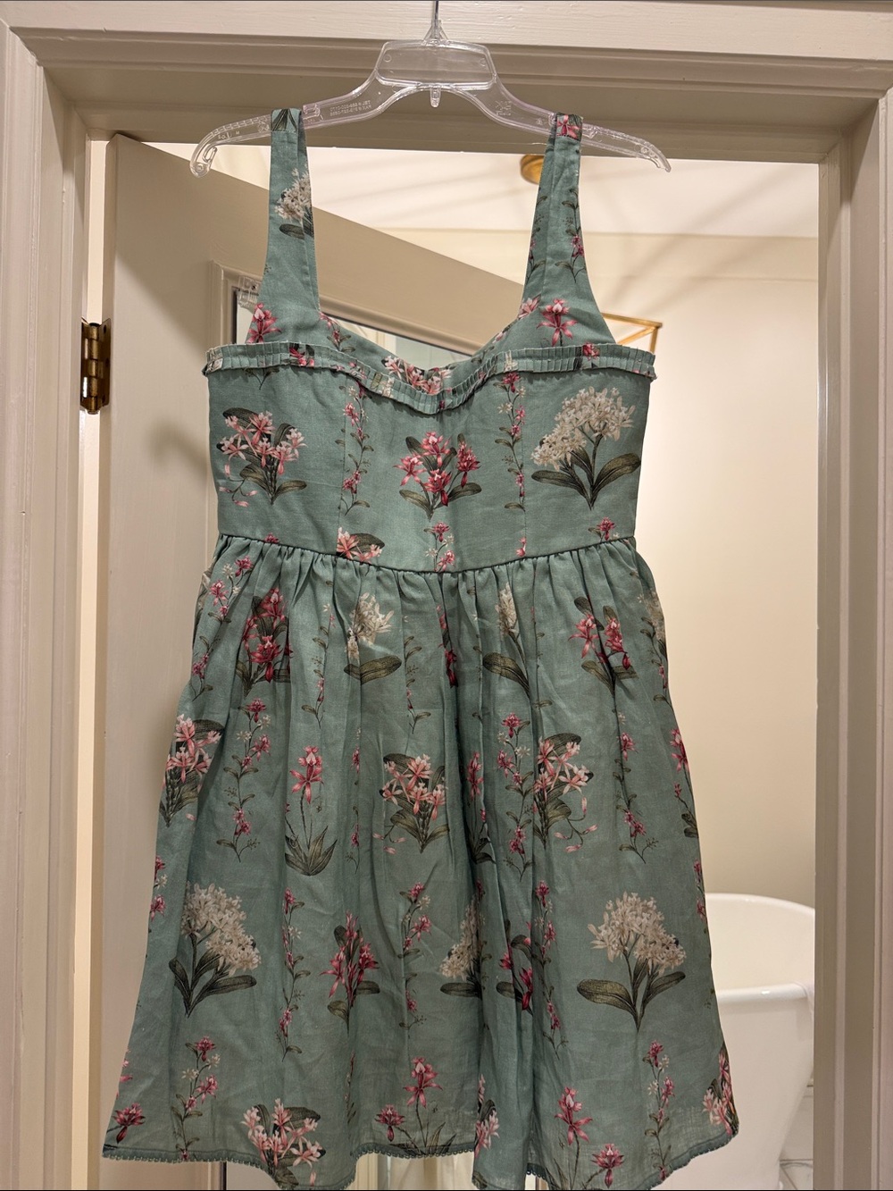 Agua Bendita sage green Floral Mini Dress with Pink & White Blooms